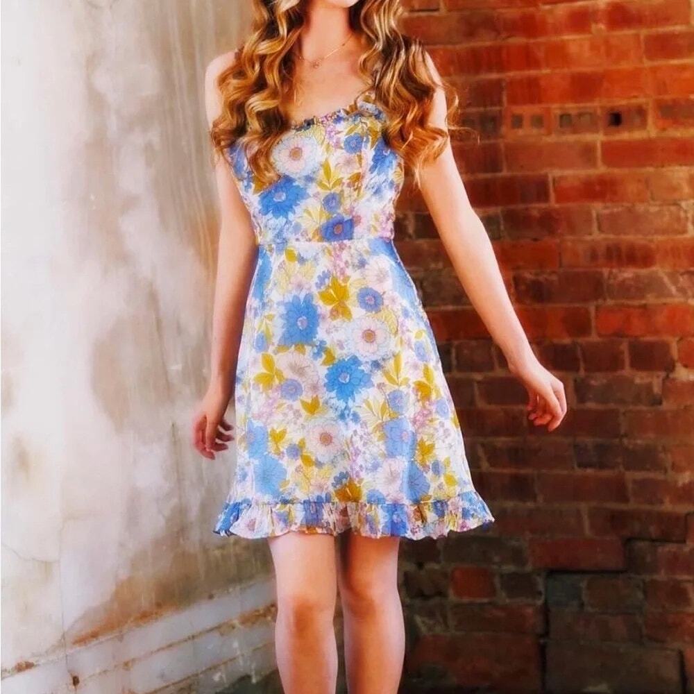 Lush Floral Chiffon A-Line Dress SZ L Watercolor Ruffle Cottagecore Summer